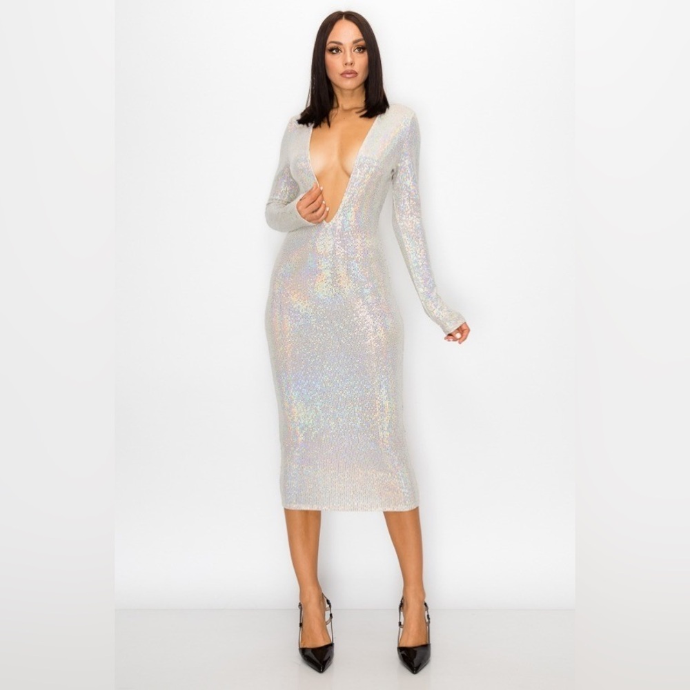 Shimmering Silver Long Sleeve Dress